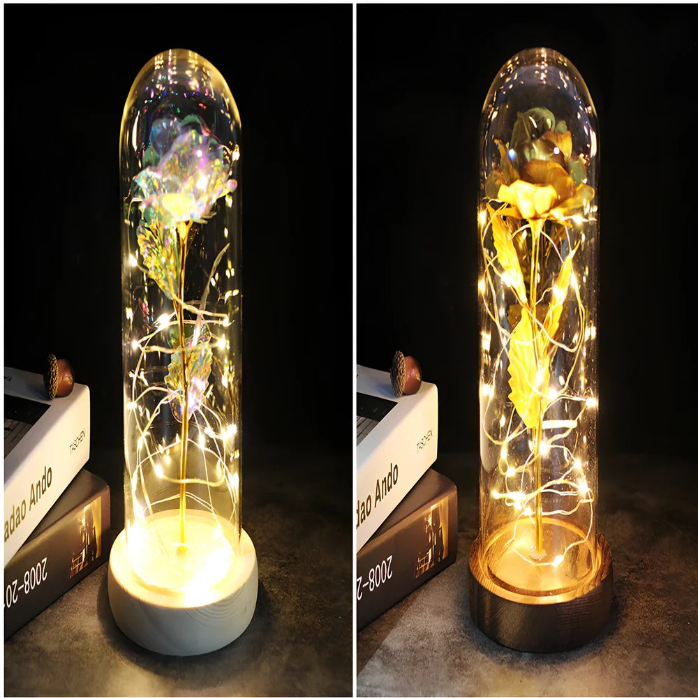Little Prince rose arrangement under 20x9cm glass dome with gold foil flowers