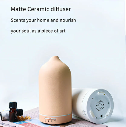 Ceramic ultrasonic aroma diffuser in white with 100ml tank, diffusing mist in home setting, 10cm diameter