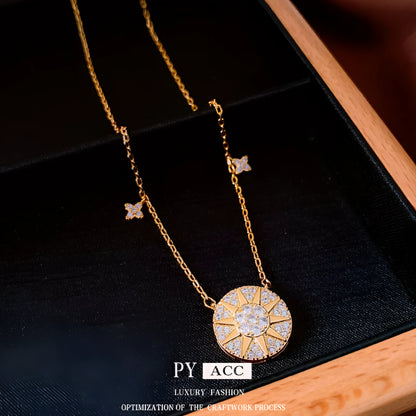 Gold round pendant clavicle necklace with inlaid zircon, geometric Chinese-style women's jewellery, 51-60cm chain