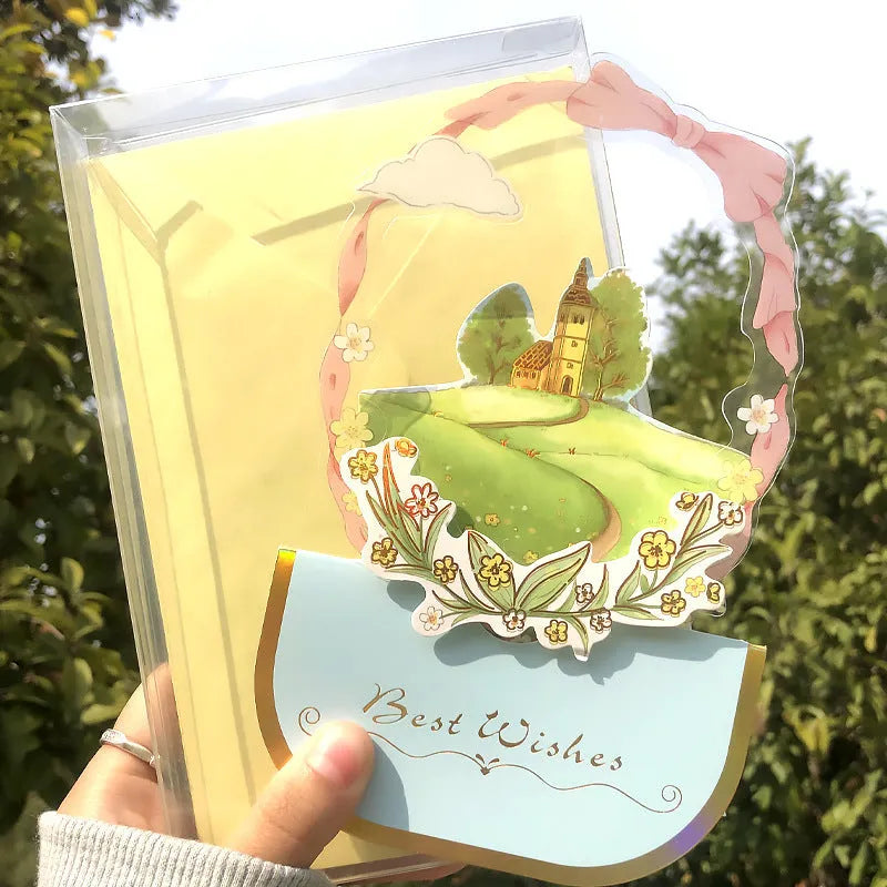 Handmade 3D pop-up greeting card with butterfly shape showing artificial flowers and hot stamping details