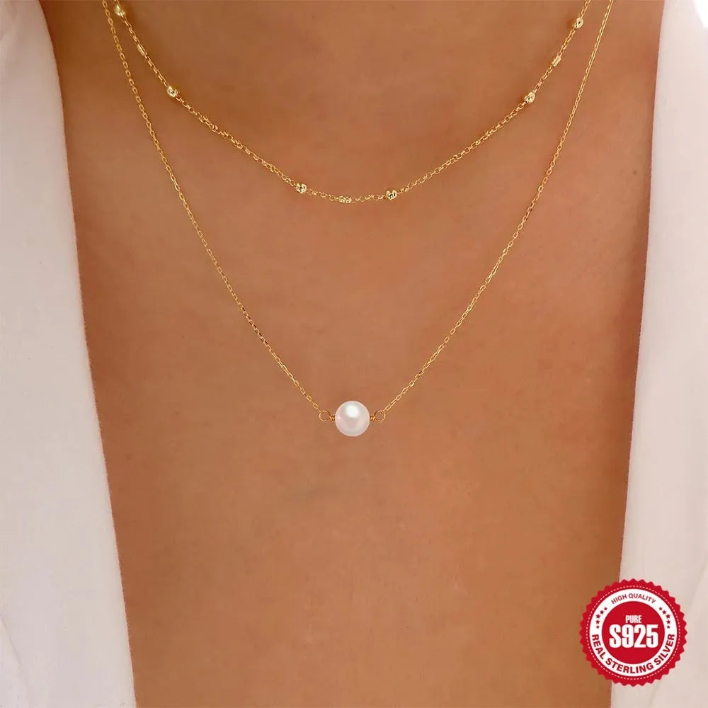 S925 sterling silver double layer necklace with twin pearls and geometric pendant in gold or white gold colour