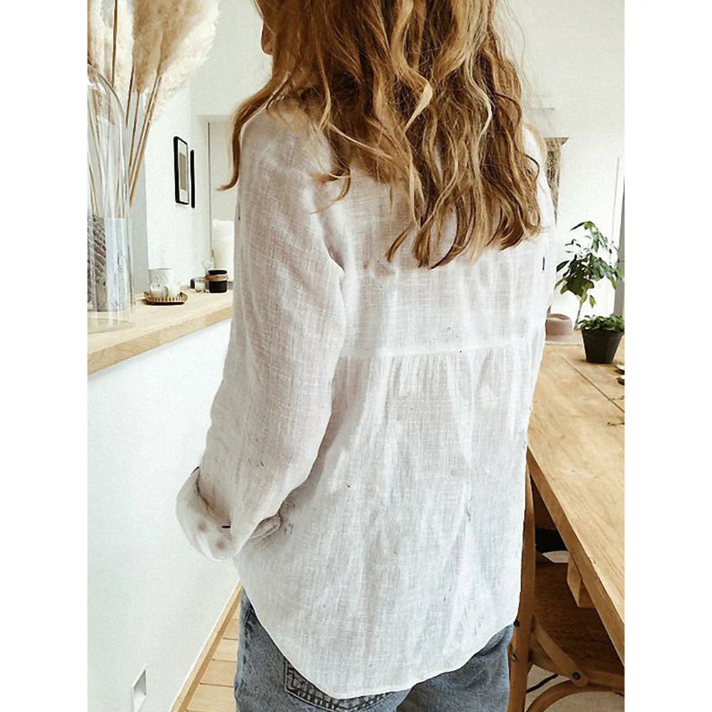 Loose Button Lapel Cardigan Top Long Sleeve Shirt for Women in various colors and sizes