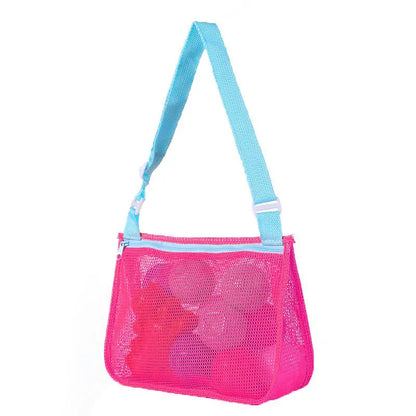 Blue children's travel storage organiser bag with nylon mesh construction and shoulder strap