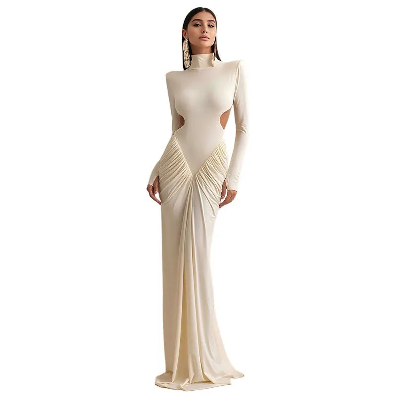Women's long sleeve high collar slim fit dress with pleated backless design in light apricot colour