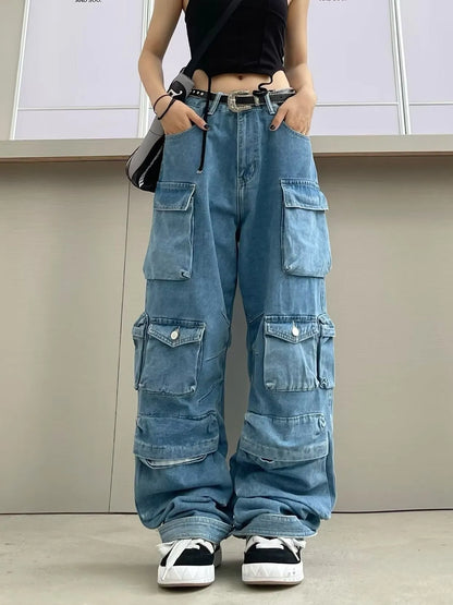 Women's high waist tie-dyed wide leg denim trousers with multiple pockets in street hipster style