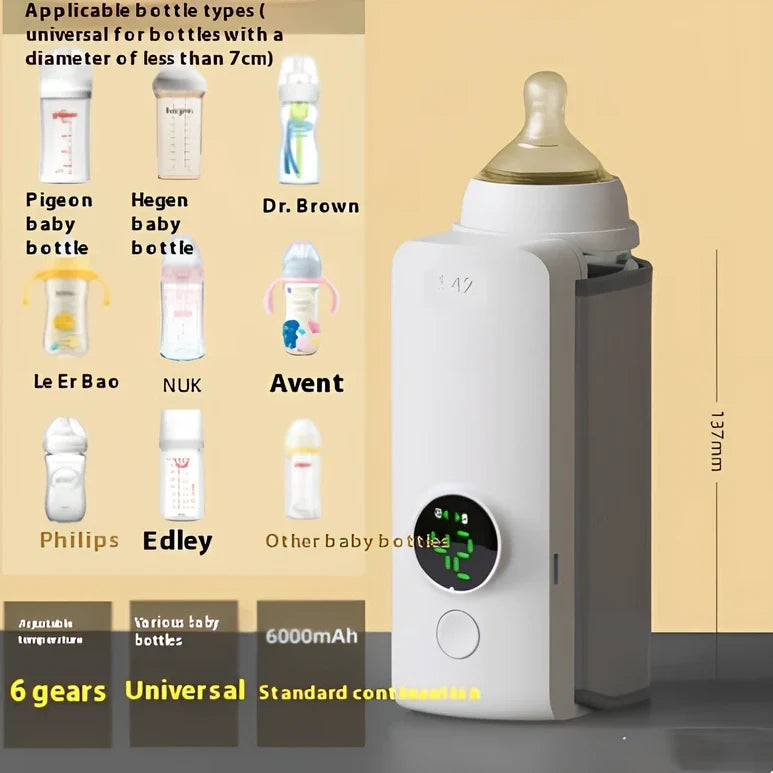 White digital display portable milk warmer with USB charger showing compact 85mm length design