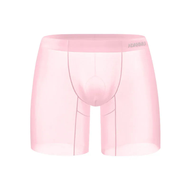 Men's solid colour ice silk nylon boxers on a white background, showing low-rise waistband