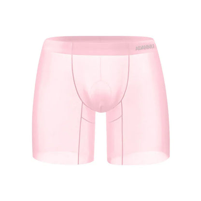 Men's solid colour ice silk nylon boxers on a white background, showing low-rise waistband