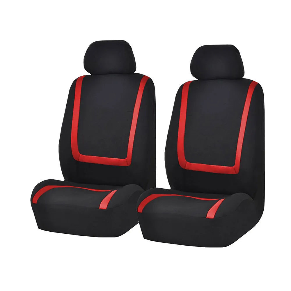 Fully enclosed fabric car seat cover set showing front and rear seat protection in a beige and black colour combination.