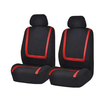 Fully enclosed fabric car seat cover set showing front and rear seat protection in a beige and black colour combination.