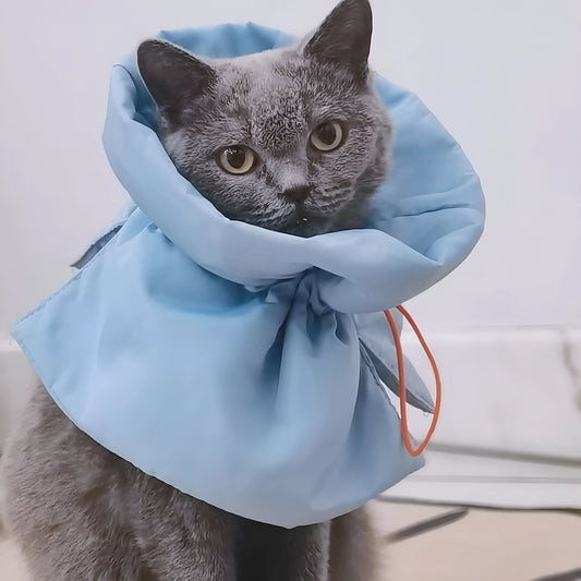 Soft blue adjustable Elizabethan recovery cone collar for a cat or small dog on a white background.