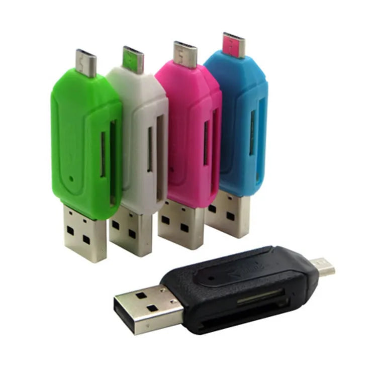 OTG dual-purpose card reader connects Android phones and computers via USB 2.0 to read SD and TF memory cards, a lightweight external accessory available in multiple colours.