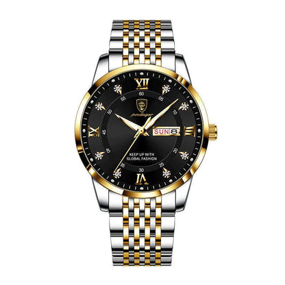 Men's Seiko quartz watch with 43mm round dial, stainless steel strap, 50m water resistance, luminous calendar, sapphire crystal glass