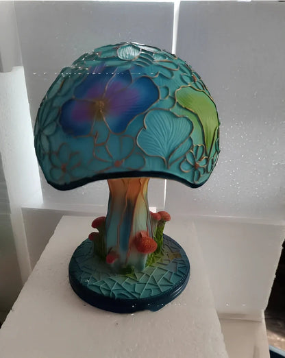 Coloured glass desk lamp with mushroom theme, 15-20cm height, plastic base