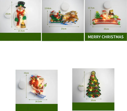 LED Christmas hanging lights with suction cups showing snowman design illuminated on window