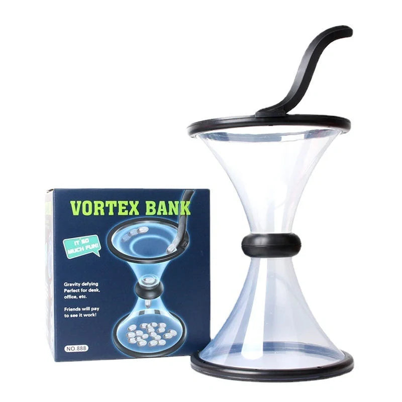Transparent vortex piggy bank with coins spiraling down, fun and educational