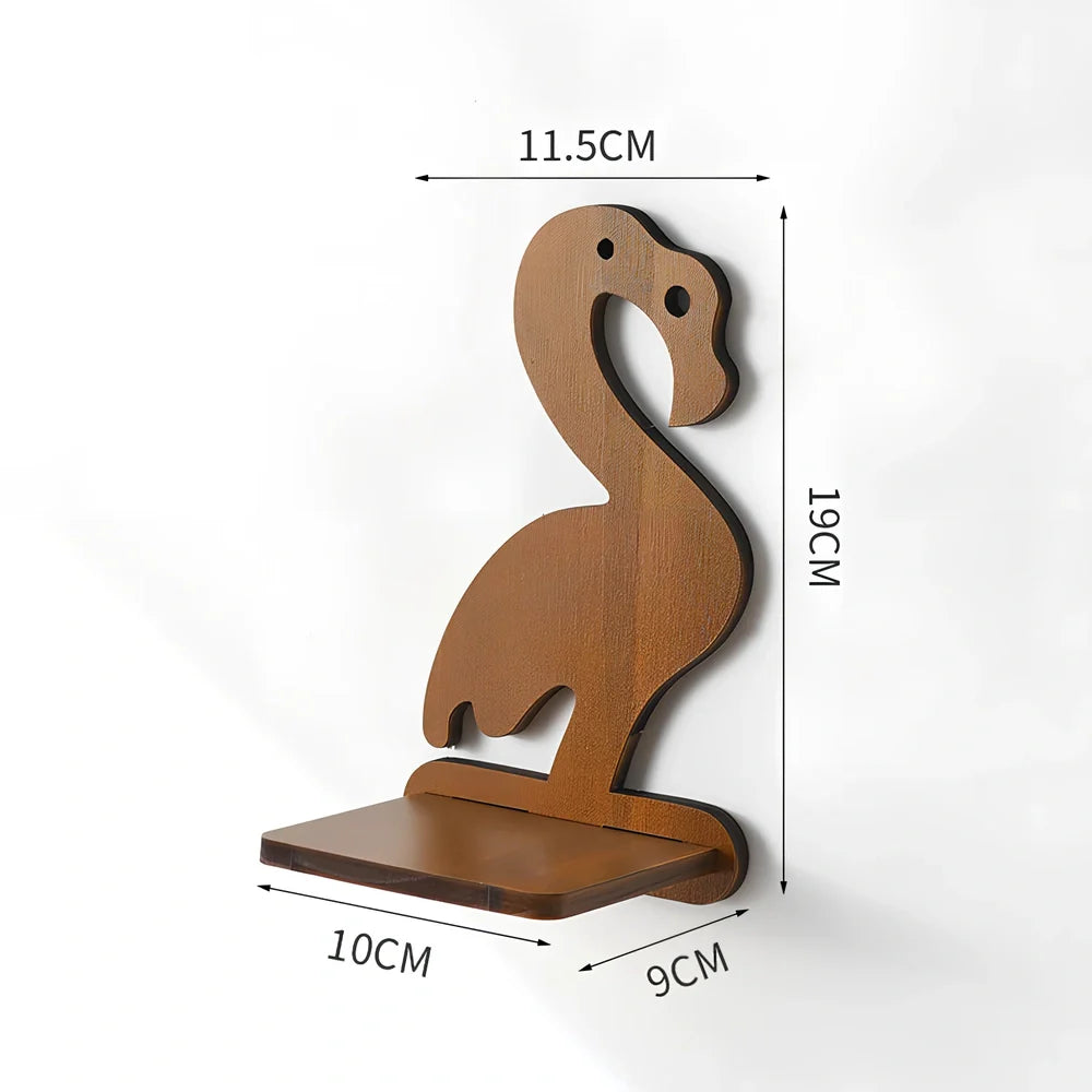 Solid wood wall shelving with irregular shape displaying plants in water bottle reservoirs with retro castle design