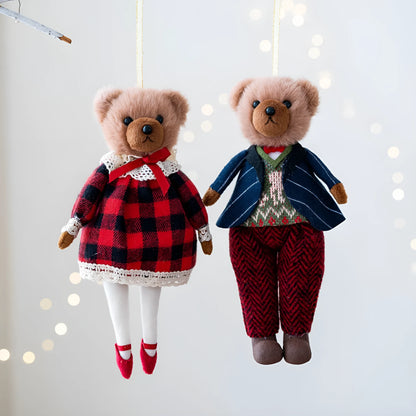 A cartoon-style plush bear doll in a cloth suit plaid design, shown in gentleman bear and princess bear variants.
