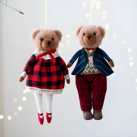 A cartoon-style plush bear doll in a cloth suit plaid design, shown in gentleman bear and princess bear variants.