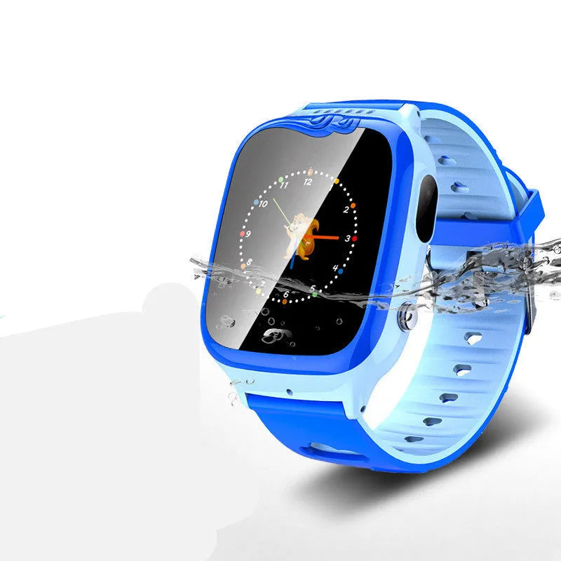 Blue children's smartwatch with GPS positioning, HD touch screen, and silicone wristband