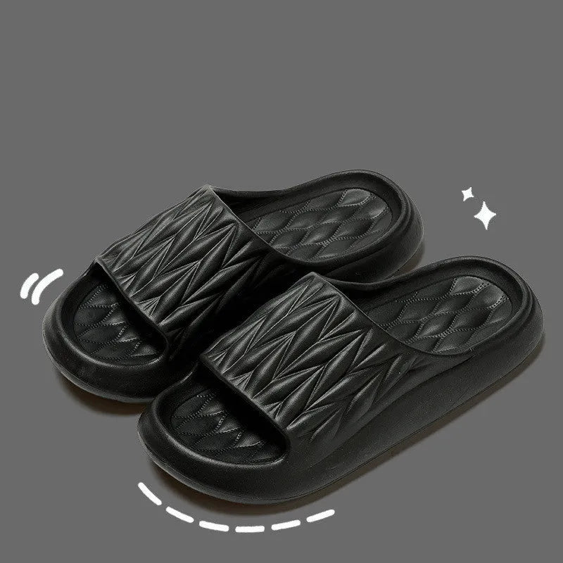 Leaf texture pattern EVA slippers in various colours showing non-slip sole design
