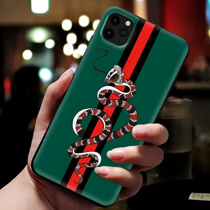 Black frosted silicone iPhone case with a UV-printed cartoon snake design on the back.