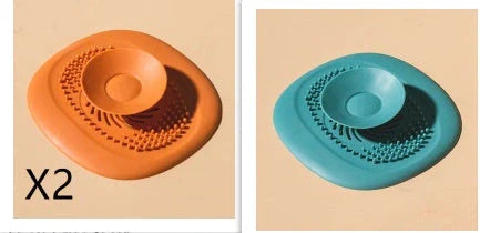 TPR vortex design sink drain cover in twilight orange, quiet blue, mango yellow, and gentian green