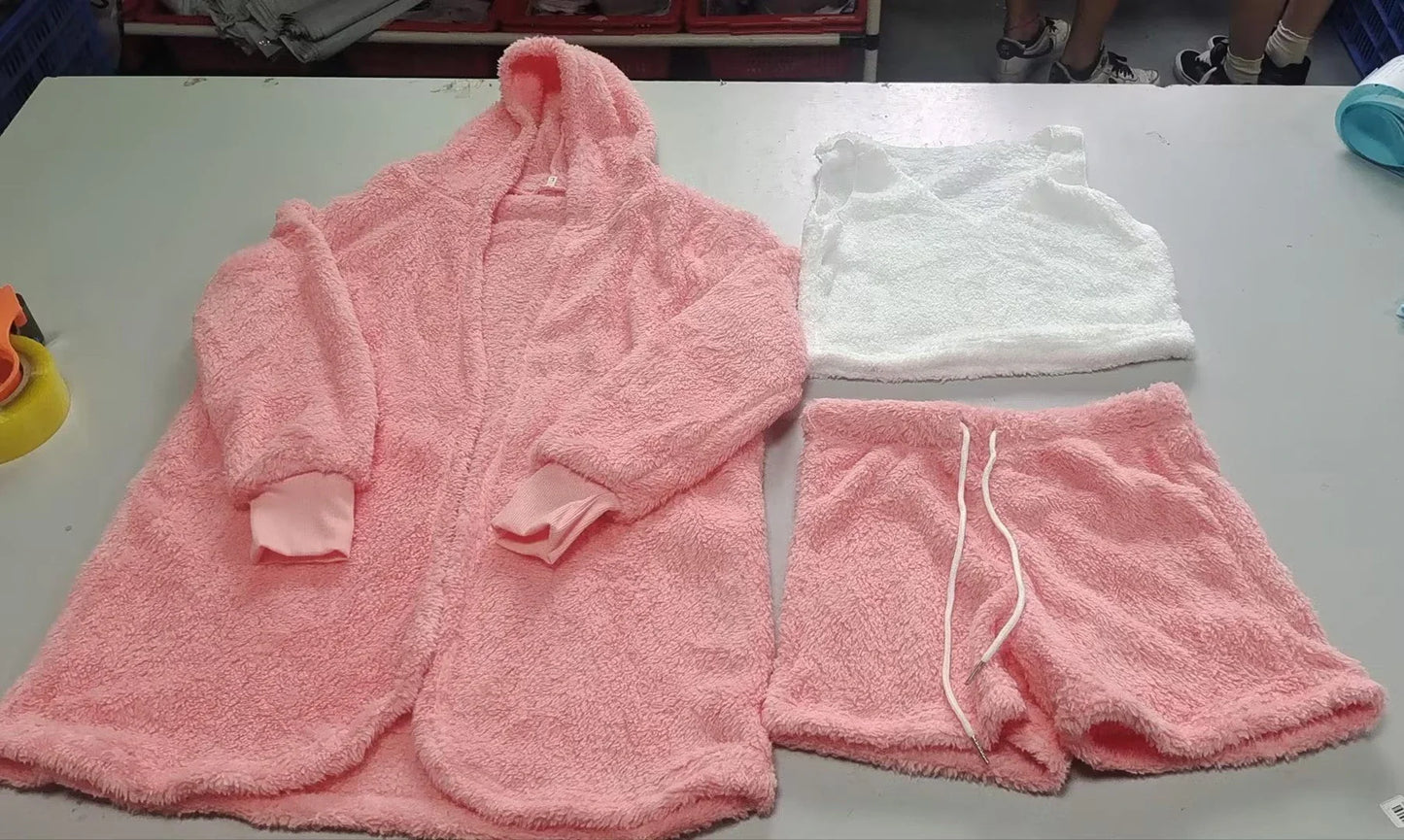 Cozy 3-Piece Women's Pajama Set with Long Sleeve Crop Top and Drawstring Shorts in various colors