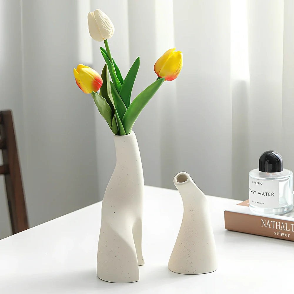 Nordic double shaped ceramic vase set in cream colour on wooden shelf, 20-25cm height for home decoration