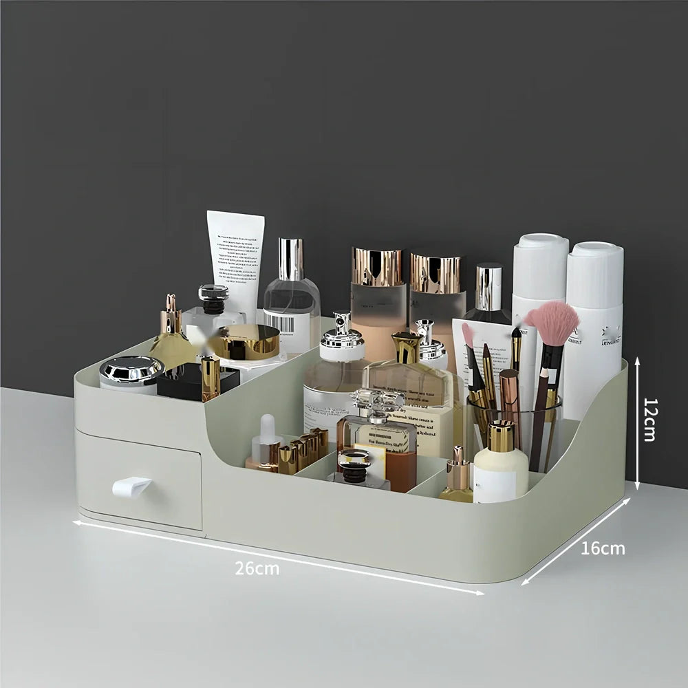 Rectangular toiletries organiser in white with Nordic design on wooden desktop