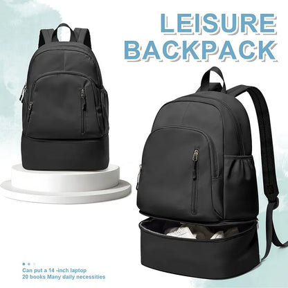 Women's casual backpack in black with adjustable curved shoulder straps and contrast stitching, 20-35L waterproof polyester.