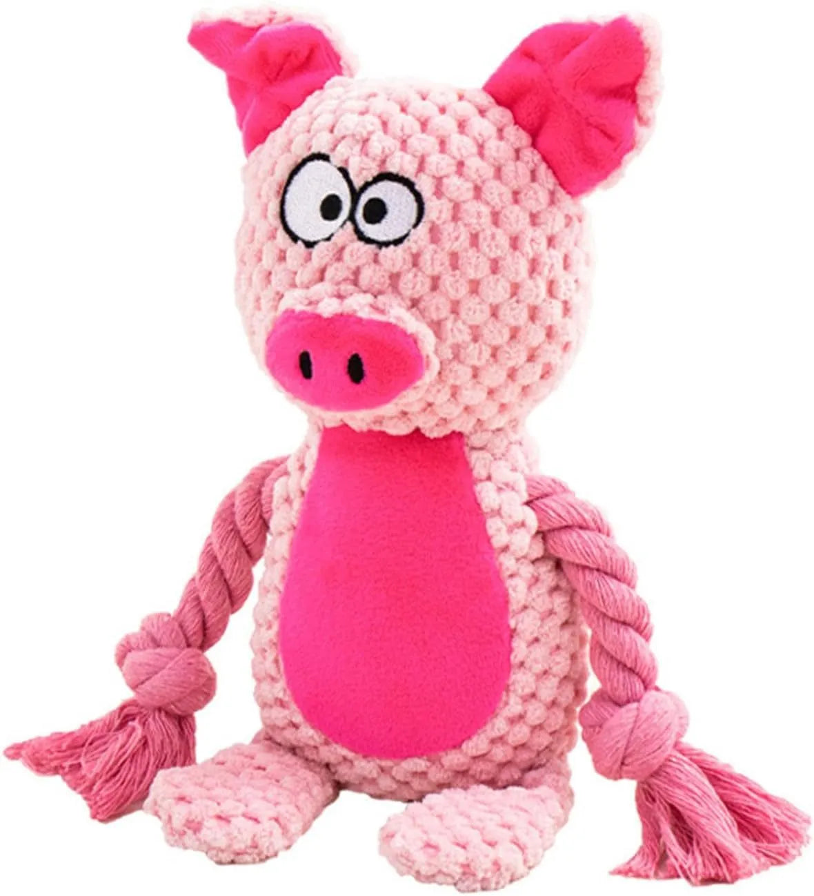 Interactive dog plush toy with squeaker, crinkle paper, and cotton rope in animal designs