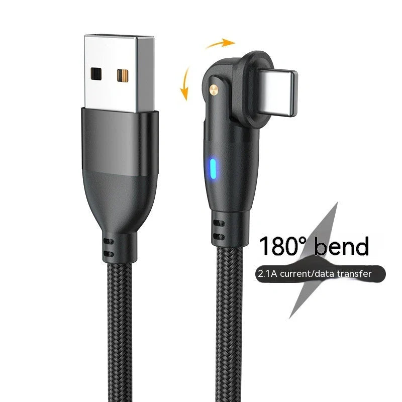 180-degree bendable fast charge USB cable in black, red, and purple