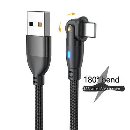 180-degree bendable fast charge USB cable in black, red, and purple