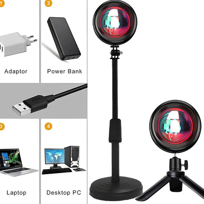 Sunset projection lamp with remote control showing rainbow colour lighting effects on wall
