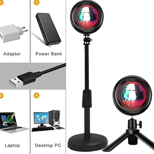 Sunset projection lamp with remote control showing rainbow colour lighting effects on wall