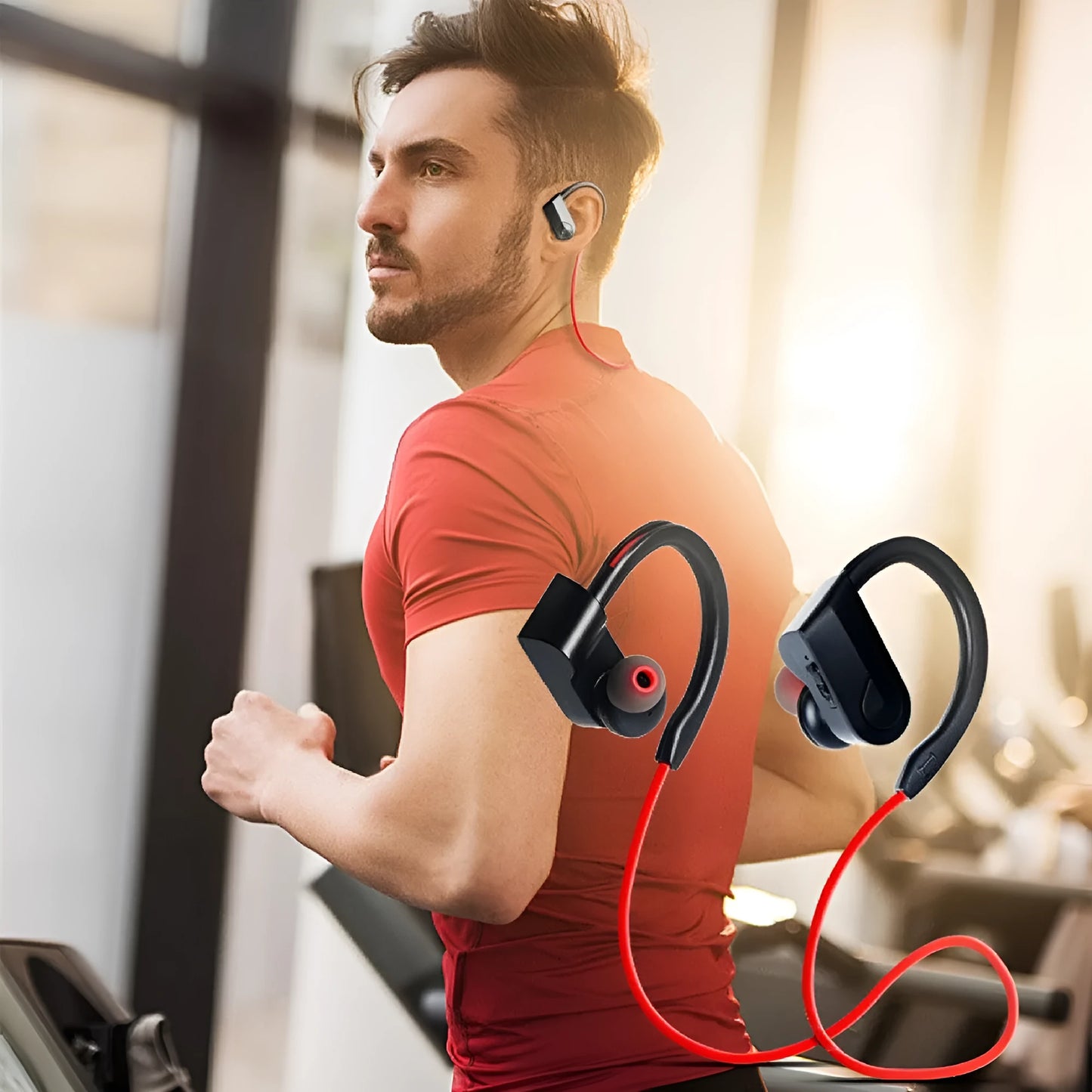 Wireless neckband Bluetooth earphones in black, blue, or red colour with USB charging cable.