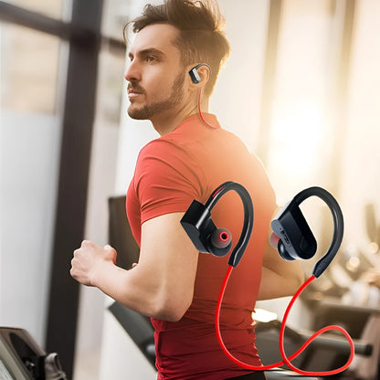 Wireless neckband Bluetooth earphones in black, blue, or red colour with USB charging cable.