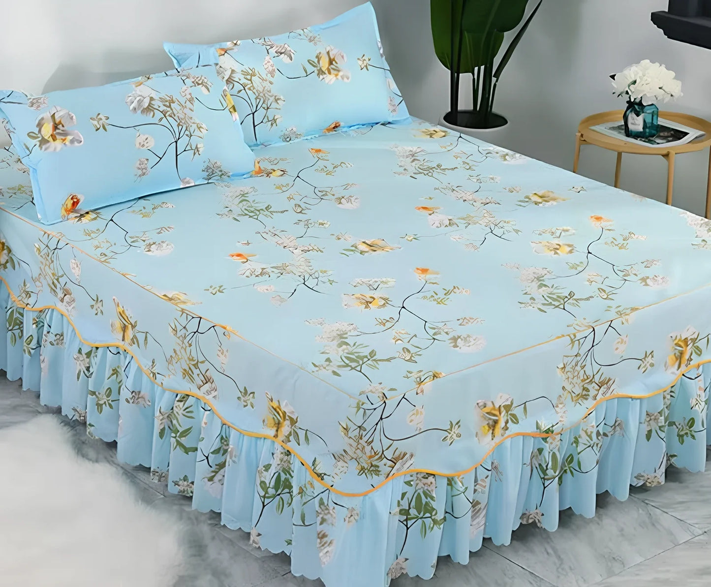 Pure cotton bed skirt pillowcase set with twill weave diagonal pattern in multiple colour options