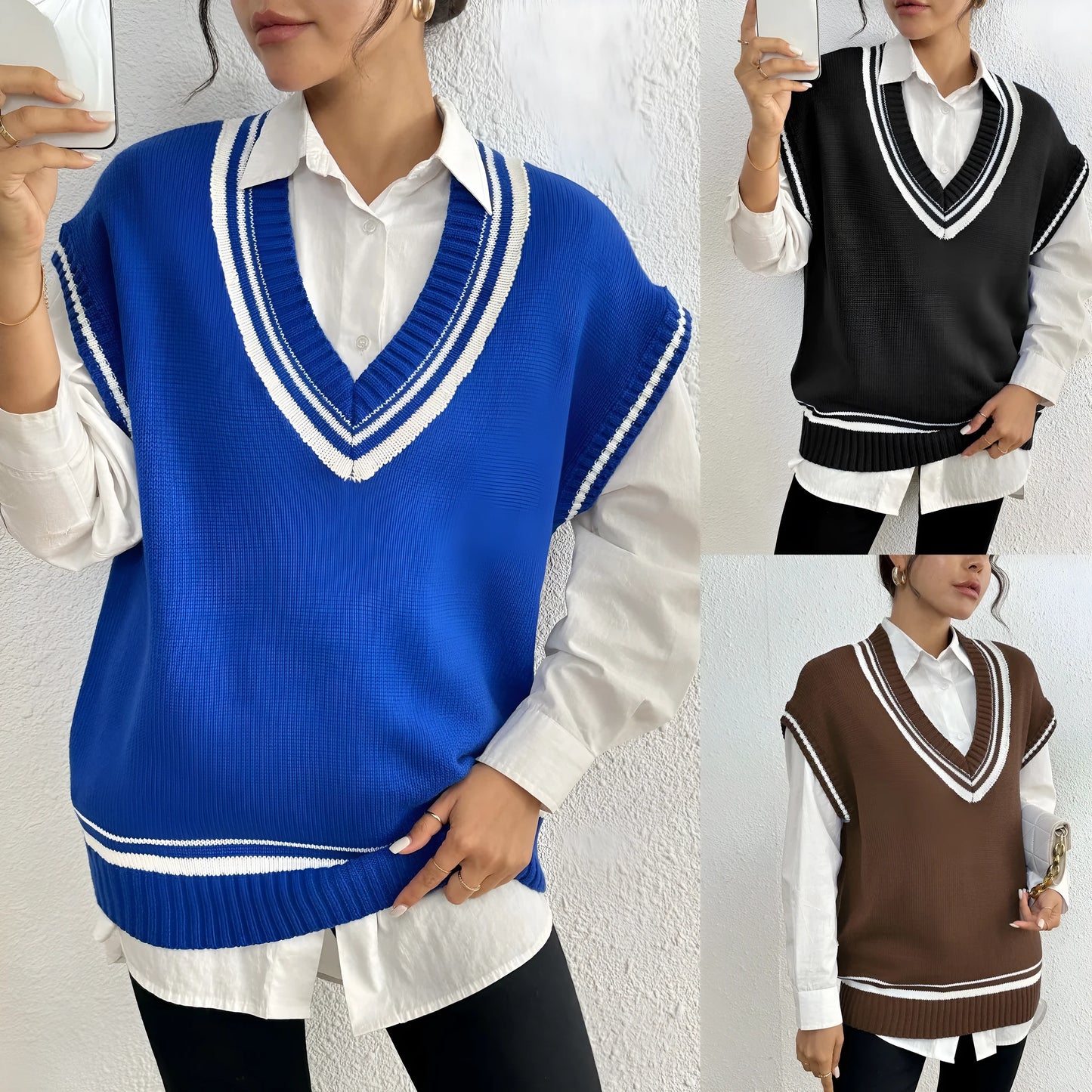 Women's college style acrylic pullover vest sweater in black, blue, and coffee colours with loose free size fit