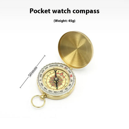 Gold brass compass G50 pocket watch with flip lid, 50mm diameter, luminous dial, copper shell, for outdoor navigation
