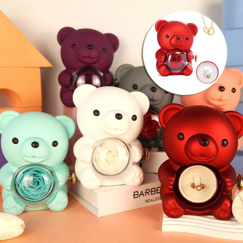 Eternal Rose Teddy Bear Jewelry Box with rotating drawer and preserved rose