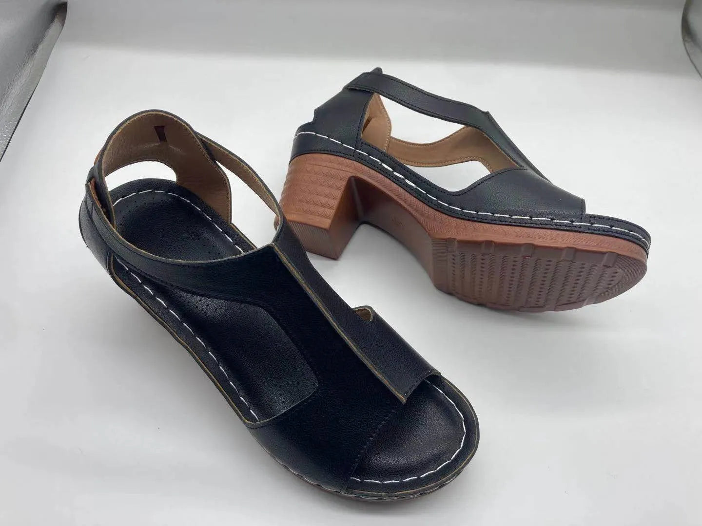Plus size women's peep toe wedge sandals with adjustable buckle strap in light brown colour