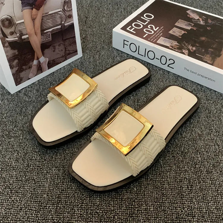 Women's summer flat slippers in apricot, black, and khaki colours with PVC non-slip soles
