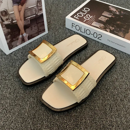 Women's summer flat slippers in apricot, black, and khaki colours with PVC non-slip soles