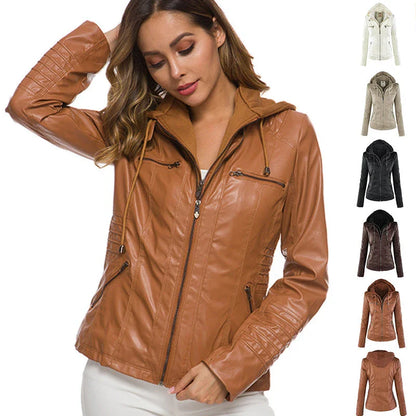 A fashionable hooded leather jacket with pockets, available in various colors and sizes for women's casual outerwear.