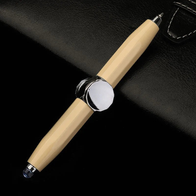 Creative multi-function metal pen with LED light and fingertip gyro spinner for writing and fidgeting.