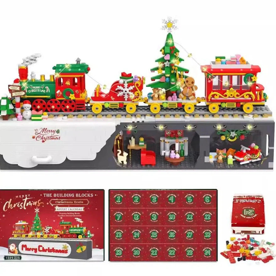 Christmas building block toy set with small particle plastic blocks in colour box packaging measuring 27-31.3cm
