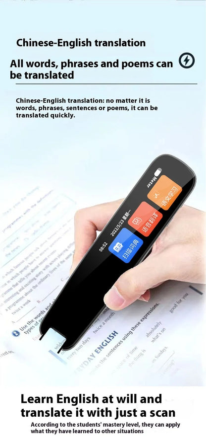 Dark grey and white offline talking translation pen for English study on a desk.