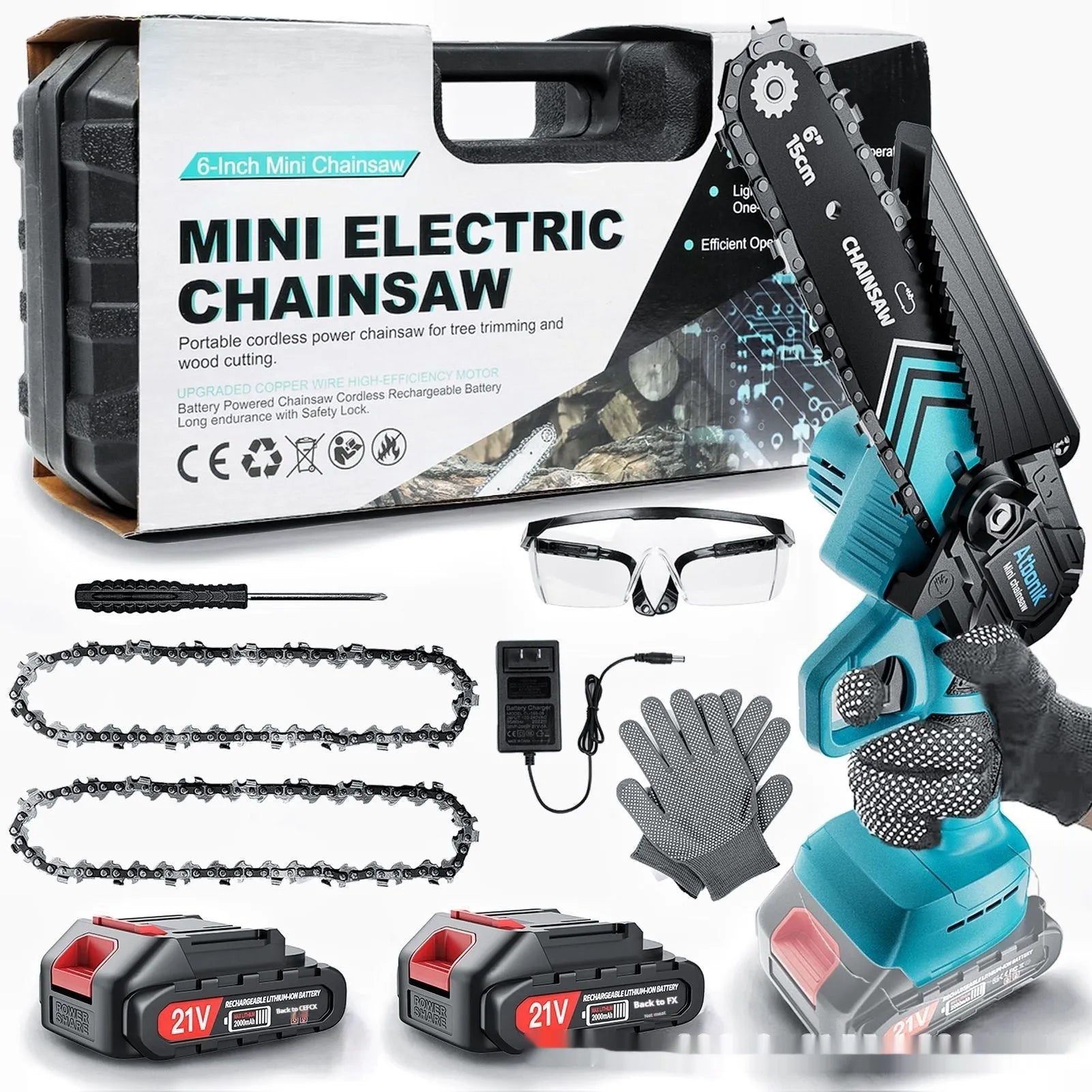 Compact cordless electric chainsaw with 6-inch chain, two batteries, safety goggles, gloves, and accessories in storage box